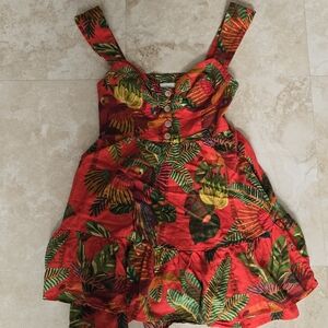 Farm Rio Red Forest Birds Leaf Mini Dress - Line Sundresss